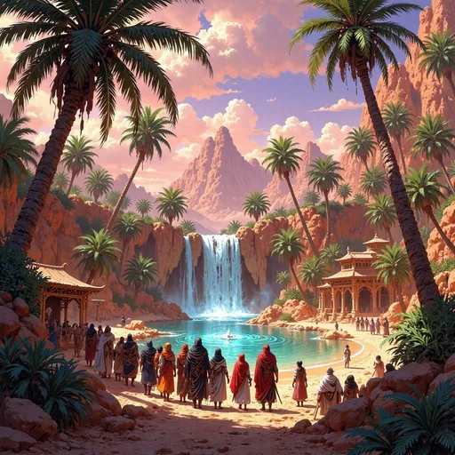 Prompt: In a sprawling, golden desert, a magnificent kingdom rises majestically at the edge of a lush oasis. Towering palm trees with vibrant green foliage encircle a crystal-clear water spring, from which glistening waterfalls cascade, their gentle roar harmonizing with the whispers of the wind. The sky above is a canvas of swirling pinks and deep purples as the sun sets, casting dramatic shadows across the vibrant settlement nestled against the oasis. A colorful traveling caravan winds its way through the scene, adorned with richly woven fabrics and exotic goods, with a diverse group of travelers animatedly exchanging stories. The atmosphere is alive with a palpable sense of adventure and camaraderie, all captured in striking cinematic lighting that emphasizes the contrasts between the vibrant oasis and the surrounding arid landscape.