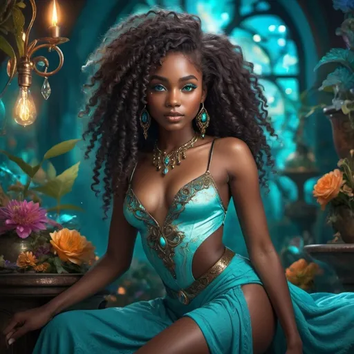 Prompt: (beautiful young black woman), full body, vibrant fantasy style, dark chocolate skin, luxurious white curly/coily hair, striking turquoise eyes, magical atmosphere, enchanting light, whimsical background filled with fantastical elements, lush colors, dreamy vibe, high depth, ultra-detailed, captivating and imaginative composition.