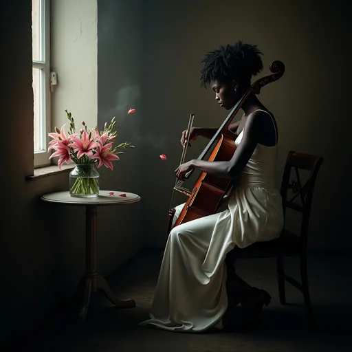 Prompt: In a very dark room a young, beautiful black woman wearing a white satin dress with thin straps and long curly hair craft into an elegant hairstyle sitting on a chair playing the cello. Next to her on a round table, there is a vase with a bouquet of pink lilies. The dim light from a window softly illuminates her casting a moody atmosphere. Dust particles float in the air adding to the ethereal ambiance