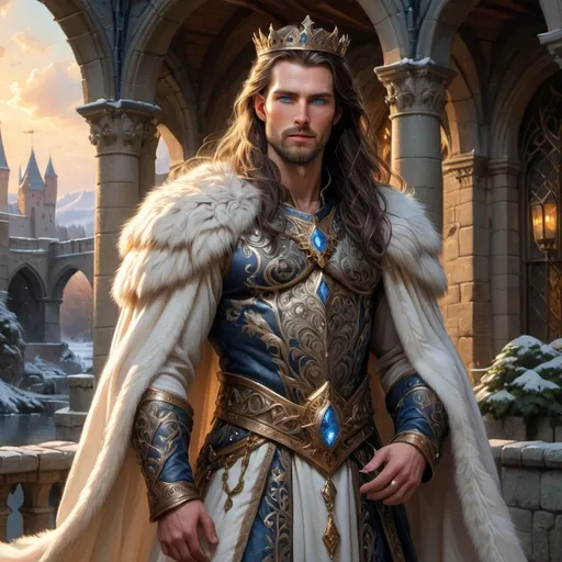 Prompt: In a majestic castle courtyard illuminated by the warm glow of a setting sun, a handsome Northern King stands tall with an air of regal authority. His piercing blue eyes shimmer like icy lakes beneath the fading light, and the long, thick dark hair that flows down his shoulders complements his well-groomed beard, adding to his commanding presence. Draped in rich, dark furs that ripple with the evening breeze, he bears a mighty broadsword at his side, its polished round gem at the hilt glinting like a star in the twilight. The stone walls of the courtyard, adorned with creeping ivy, evoke an ancient lineage, while a soft chill in the air hints at the approaching winter. This scene captures the essence of a noble warrior in a cinematic lighting style, emphasizing the interplay of shadow and illumination.