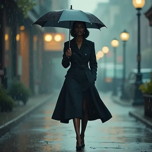 Prompt: A black woman in stylish 50s clothes with an umbrella walking in the rain, serene ambiance, gentle rain drizzle, muted colors, soft grays and blues reflecting a calm mood, stylish flowing coat, relaxed expression, puddles glistening, atmospheric mist in the background, romantic and cozy setting, fluid movement capturing the motion of walking, ultra-detailed, 4K quality.
