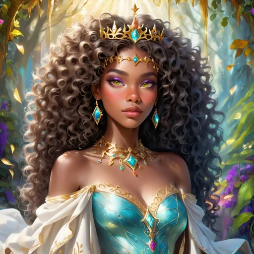 Prompt: (beautiful young black woman), vibrant fantasy style, full body, dark chocolate skin, luxurious white curly/coily hair, striking gold eyes, a crown, magical atmosphere, enchanting light, whimsical background filled with fantastical elements, lush colors, dreamy vibe, high depth, ultra-detailed, captivating and imaginative composition.