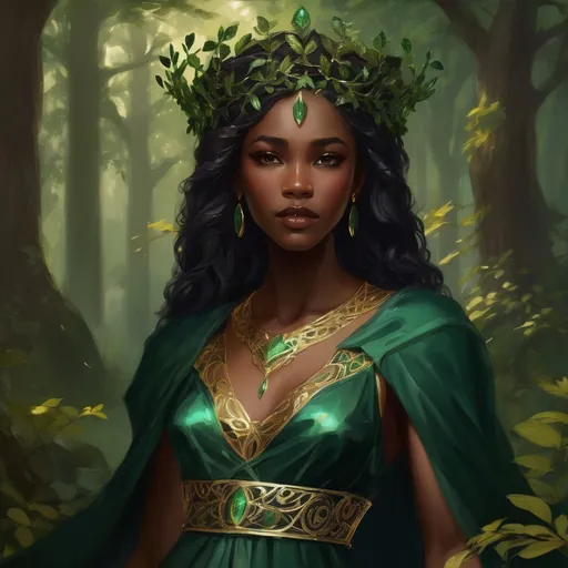 Prompt: A beautiful black woman with gold eyes wore a gown of deep forest green, simple in cut but intricately embroidered with symbols of growing things – winding vines, delicate moonpetal, and the majestic Eldorian oak. Her crown was a **delicate, interwoven circlet of polished Eldorian bronze**, shaped like twin branches reaching skyward, adorned with a single, clear river stone at its fore. pre-Raphaelite time-lapse motion blur, High resolution, detailed portrait, ethereal atmosphere, black locs, dark brown skin, red lips, captivating eyes, cosmic mystical aura, vibrant colors, soft lighting, professional, digital painting, enchanting presence, fantasy, dreamy, female, mystical, detailed hair, captivating gaze, professional lighting, hyper realistic, HD 4k 3D, professional modeling, ethereal, gorgeous face, ambient divine glow, detailed and intricate, elegant, ethereal, mythical, goddess, radiant lighting,