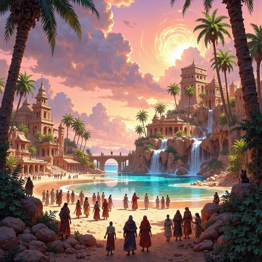 Prompt: Big kingdom, large desert oasis, water spring, waterfalls, trees, greenry, dramatic fantasy settlement scene, traveling caravan,  cinematic lighting
