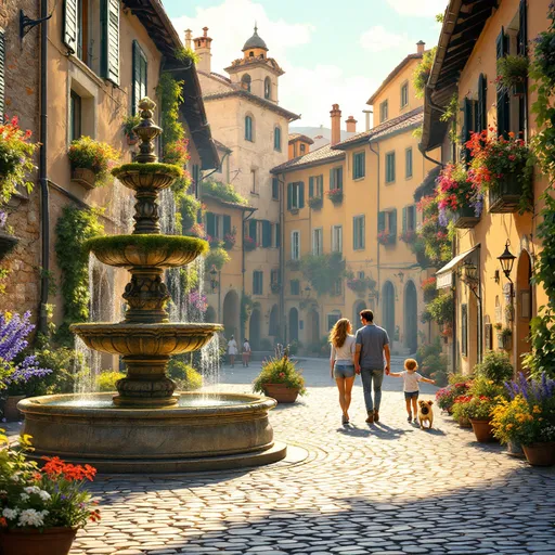 Prompt: A picturesque Italian village alcove, bathed in the warm golden light of late afternoon sun, casts long shadows across the cobblestone stones. A classic stone fountain, with water cascading gently over moss-covered edges, creates a soothing melody amidst the pleasant hum of nearby conversations. Each window held colorful window boxes overflow with blooming flowers in vibrant reds, yellows, and blues, their petals fluttering in a soft breeze that carries the delicate scent of lavender and rosemary. A couple strolls hand-in-hand, their laughter mingling with the sound of the water, while a small child chases after a playful dog, their joy painting the scene with life. This enchanting atmosphere could be beautifully captured in a cinematic, photorealistic style, showcasing the village's charm and tranquility.