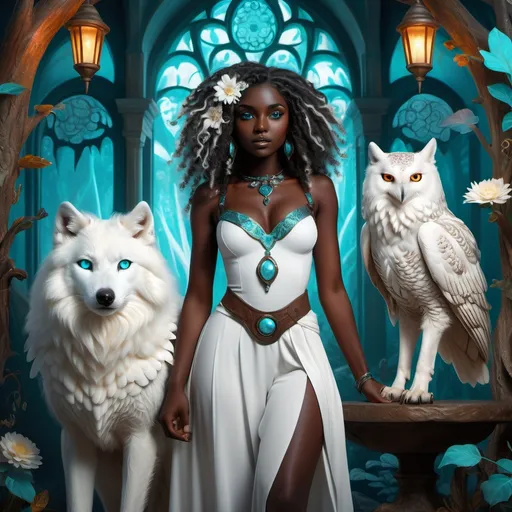 Prompt: (beautiful young black woman), full body, vibrant fantasy style, dark chocolate skin, luxurious white curly/coily hair, striking turquoise eyes, pet white owl and pet white wolf, magical atmosphere, enchanting light, whimsical background filled with fantastical elements, lush colors, dreamy vibe, high depth, ultra-detailed, captivating and imaginative composition.