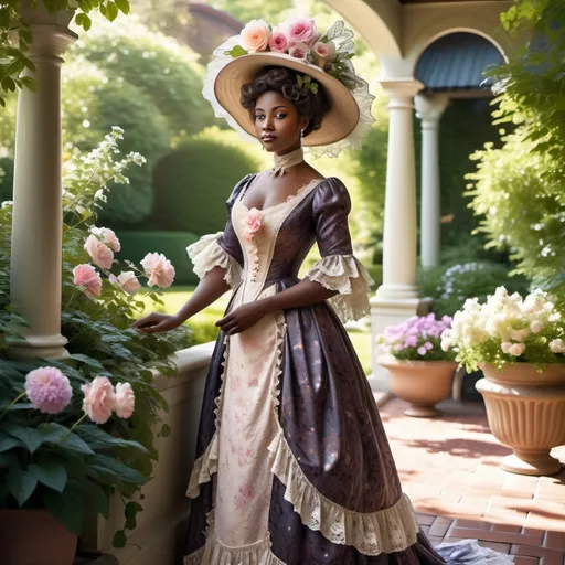 Prompt: woman wearing a tea-gown with a flower-filled tea hat, year 1905. Garden patio. Lace. frills. realistic. 
Dark skinned noble,