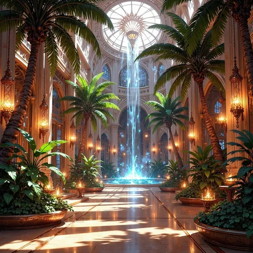 Prompt: Afro-futurism hotel lobby with biophilic waterfall, rich African cultural symbolism, vibrant colors, high-tech, ultra-detailed, highres, digital art, futuristic, cultural symbolism, atmospheric lighting, biophilic waterfall, vibrant colors, professional, African symbolism, high-tech, vibrant atmosphere, lush greenery, intricate cultural details, futuristic architecture