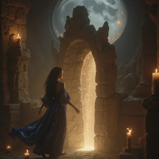 Prompt: Visualize a beautiful black witch, her skin glowing like polished obsidian, stepping gracefully through a shimmering, iridescent portal in her dimly lit basement. The air around her crackles with the energy of magic, dust motes illuminated by the flickering light of enchanted candles lining the stone walls. She wears an elegantly flowing robe adorned with celestial patterns, swirling with shades of midnight blue and silver. Her hair cascades down her shoulders like a waterfall of curls, framing her face, which is set with a confident yet serene expression. The basement itself is filled with arcane artifacts and potion vials, casting shadows that dance in the warm light. Outside the portal, a twilight sky hints at a magical realm, suffusing the scene with an otherworldly glow. This ethereal moment is captured in a dark fantasy concept art style, rich with detail and atmospheric depth.