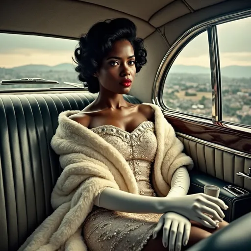 Prompt: Seated elegantly in the plush interior of a vintage car, a stunning black woman captivates with her striking beauty and poised demeanor. Her rich, dark curls frame her face, accentuating her dramatic red lips and captivating gaze, while she dons a luxurious strapless gown adorned with beaded details and a white fur shawl. In her hand rests a delicate glass, hinting at a moment of leisure amid a timeless journey. The backdrop reveals a sweeping vista through the car window, where a muted landscape blends with brooding skies, evoking a sense of nostalgia and sophistication. The soft lighting enhances the glamorous atmosphere, blending seamlessly with the luxurious style of mid-20th-century elegance.