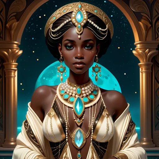 Prompt: A regal dark brown-skinned Black woman stands gracefully at the center of a mystical, moonlit setting. Adorned in cream and turquoise opulent Seleucid-inspired attire, her ornate clothing drapes elegantly around her, shimmering with intricate embroidery. Lustrous pearls and vibrant opals catch the soft light, while copious gold jewelry cascades from her neckline, glimmering like stars against the night. Moonstones reflect the ethereal glow, illuminating her striking features and vibrant expression as she gazes thoughtfully into the distance. Surrounding her, the air shimmers with a sense of ancient magic, while the gentle breeze rustles the delicate fabric of her garments. For this scene, envision a cinematic lighting style that enhances the luxurious atmosphere and showcases the richness of the materials.