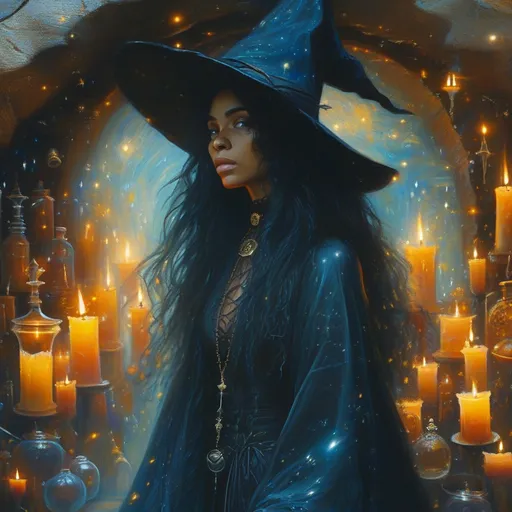 Prompt: Visualize a beautiful black witch, her skin glowing like polished obsidian, stepping gracefully through a shimmering, iridescent portal in her dimly lit basement. The air around her crackles with the energy of magic, dust motes illuminated by the flickering light of enchanted candles lining the stone walls. She wears an elegantly flowing robe adorned with celestial patterns, swirling with shades of midnight blue and silver. Her hair cascades down her shoulders like a waterfall of locs, framing her face, which is set with a confident yet serene expression. The basement itself is filled with arcane artifacts and potion vials, casting shadows that dance in the warm light. Outside the portal, a twilight sky hints at a magical realm, suffusing the scene with an otherworldly glow. This ethereal moment is captured in a dark fantasy concept art style, rich with detail and atmospheric depth.