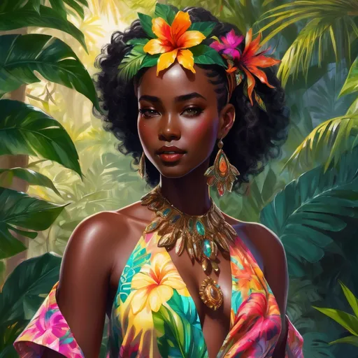 Prompt: Full body, Fantasy illustration of a black female noble woman, 21 years old, beautiful, black skin, elegant hairstyle, colorfull and elegant african-style garment, delicate jewellery, shamefull expression, high quality, rpg-fantasy, detailed, in a tropical garden