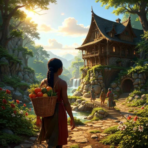 Prompt: Visualize a warm, late afternoon scene as the sun casts a golden hue across a large, rustic homestead in the ancient forest along the swift crystal-clear river at the base of a moss-covered granite cliff. A young black woman, her hair beautifully braided, carries a woven basket filled with vibrant, freshly harvested vegetables on her back, its colors a vivid contrast to the soft earth tones around her. Her posture is confident yet relaxed, a gentle smile gracing her face as she walks across the bridge, approaching her family who eagerly awaits on a sunlit porch. Overhead, fluffy clouds drift lazily, and the air is fragrant with the scent of blooming flowers and rich soil. In the distance, the garden is alive with lush greenery, the setting imbued with a sense of togetherness and gratitude. This heartwarming moment is captured with soft, cinematic lighting, providing a photorealistic fantastical quality to the family scene.