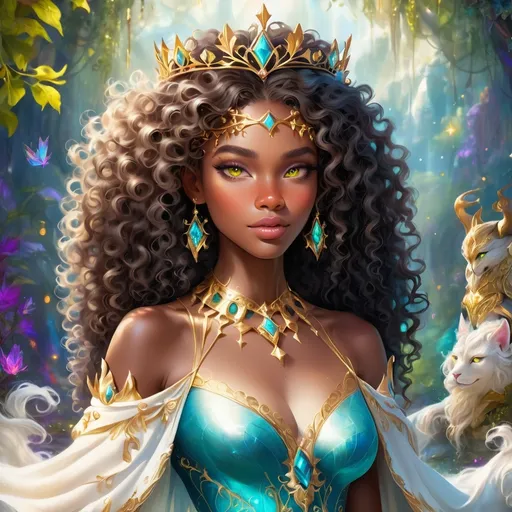 Prompt: (beautiful young black woman), vibrant fantasy style, full body, dark chocolate skin, luxurious white curly/coily hair, striking gold eyes, a crown, magical atmosphere, enchanting light, whimsical background filled with fantastical elements, lush colors, dreamy vibe, high depth, ultra-detailed, captivating and imaginative composition.