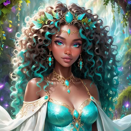 Prompt: (beautiful young black woman), vibrant fantasy style, full body, dark chocolate skin, luxurious white curly/coily hair, striking turquoise eyes, a diadem, magical atmosphere, enchanting light, whimsical background filled with fantastical elements, lush colors, dreamy vibe, high depth, ultra-detailed, captivating and imaginative composition.