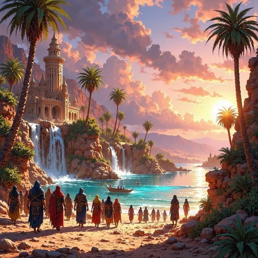 Prompt: In a sprawling, golden desert, a magnificent kingdom rises majestically at the edge of a lush oasis. Towering palm trees with vibrant green foliage encircle a crystal-clear water spring, from which glistening waterfalls cascade, their gentle roar harmonizing with the whispers of the wind. The sky above is a canvas of swirling pinks and deep purples as the sun sets, casting dramatic shadows across the vibrant settlement nestled against the oasis. A colorful traveling caravan winds its way through the scene, adorned with richly woven fabrics and exotic goods, with a diverse group of travelers animatedly exchanging stories. The atmosphere is alive with a palpable sense of adventure and camaraderie, all captured in striking cinematic lighting that emphasizes the contrasts between the vibrant oasis and the surrounding arid landscape.