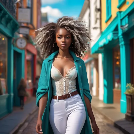 Prompt: Tall young woman walking down the high street, detailed clothing, realistic, natural lighting, (beautiful young black woman), vibrant fantasy style, dark chocolate skin, luxurious white curly/coily hair, striking turquoise eyes, magical atmosphere, enchanting light, whimsical background filled with fantastical elements, lush colors, dreamy vibe, high depth, ultra-detailed, captivating and imaginative composition.