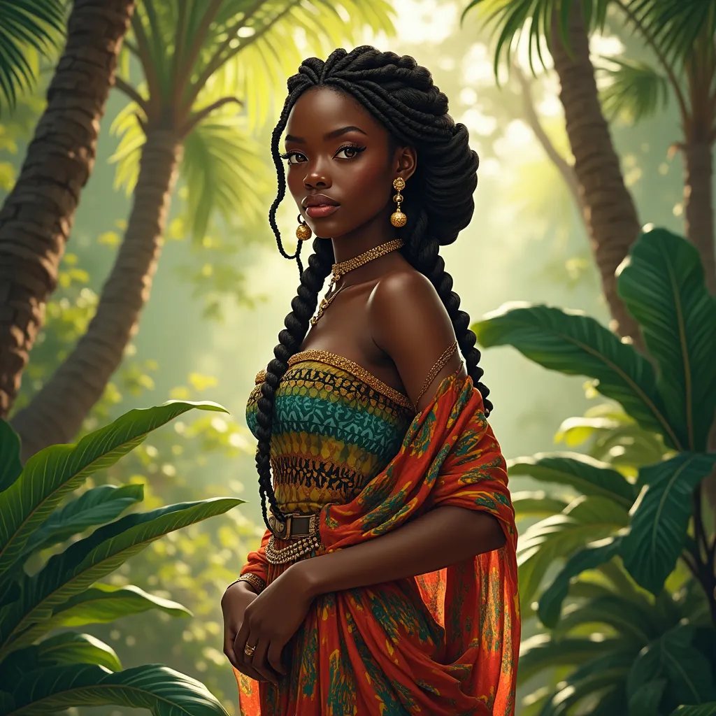 Prompt: Full body, Fantasy illustration of a black female noble woman, 21 years old, beautiful, black skin, elegant hairstyle, colorfull and elegant african-style garment, delicate jewellery, shamefull expression, high quality, rpg-fantasy, detailed, in a tropical garden