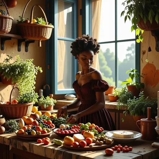 Prompt: In a sun-drenched, old-fashioned Mediterranean kitchen, a poised black gentlewoman prepares to enjoy a small feast set before her on a rustic wooden table. The walls, painted in warm terracotta hues, are adorned with woven baskets and dried herbs, while sunlight pours in through a dusty window, casting soft, golden rays that illuminate her graceful figure. She wears a flowing, elegant dress, its deep burgundy folds highlighted by the light. Her expression is one of serene anticipation as she gently touches the vibrant array of fresh fruits, crusty bread, succulent meats and fragrant cheeses. The faint sound of birds chirping outside adds a harmonious backdrop to this intimate setting. The scene captures a moment of calm luxury, perfect for a cinematic lighting style that enhances the warmth and texture of this serene culinary retreat.