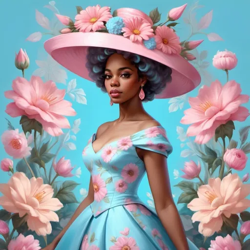 Prompt: a medium quality digital painting of a (Portrait) black woman in (exquisite) dress and hat in baby blue and pink, surrounded by flowers, vintage style, bright colors, soft light, surrealism, rear view, detailed, art, floral design, woman portrait , close-up, colorful, digital art, 4k.