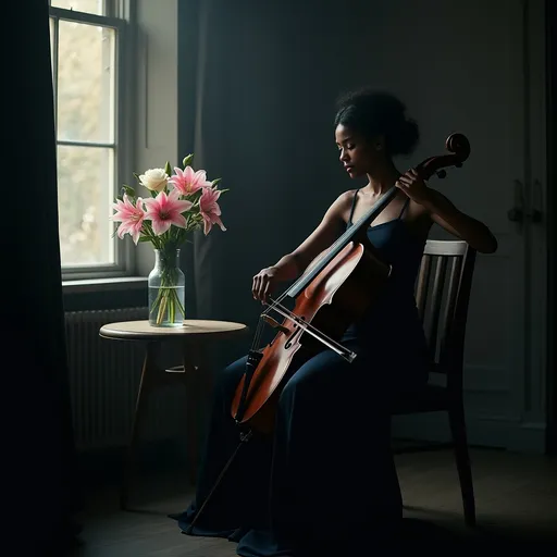 Prompt: In a very dark room a young, beautiful, black woman wearing a dark blue satin dress with thin straps and an elegant hairstyle sitting on a chair playing the cello . Next to her on a round table there is a vase with pink lilies and white roses. The dim light from a window softly illuminates her casting a moody atmosphere . Dust particles float in the air adding to the ethereal ambiance