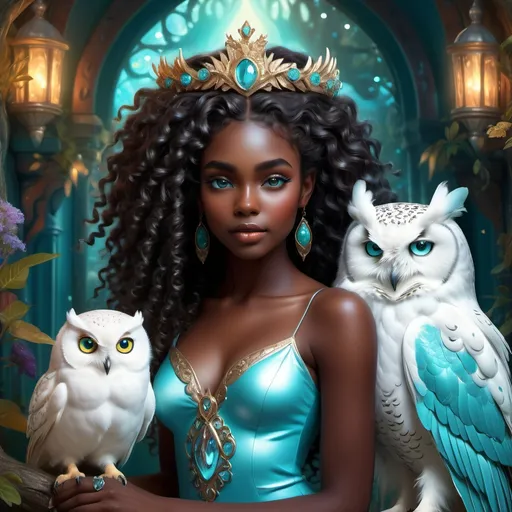 Prompt: (beautiful young black woman), full body, vibrant fantasy style, dark chocolate skin, luxurious white curly/coily hair, striking turquoise eyes, wearing a tiara, pet white owl, magical atmosphere, enchanting light, whimsical background filled with fantastical elements, lush colors, dreamy vibe, high depth, ultra-detailed, captivating and imaginative composition.