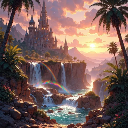 Prompt: A grand kingdom rises majestically on the horizon, nestled around a sprawling oasis within a vast, golden desert. The shimmering water spring cascades over natural rock formations, creating a series of stunning waterfalls that catch the light of the setting sun, casting rainbows through the mist. Lush greenery, including tall palm trees and vibrant flora, flourishes around the water, contrasting dramatically with the arid sands beyond. The cinematic lighting bathes the scene in warm hues of orange and deep purple, enhancing the magical atmosphere. In the distance, intricately designed towers and fortifications of the kingdom soar towards the sky, with silken banners fluttering gently in the cool evening breeze, evoking a sense of wonder and adventure in this fantasy settlement. 