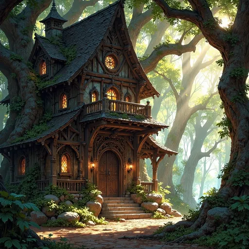 Prompt: Envision a dwelling that emerges gracefully from the heart of an ancient forest, a masterful fusion of sturdy, dark-hewn timber and rugged, unmortared stone, nestled into a natural hollow. Sunlight filters softly through the dense canopy above, casting ethereal patterns on the forest floor, while shafts of golden light illuminate the dwelling’s textured surfaces, enhancing the rich browns and deep grays of the wood and stone. Moss and creeping vines entwine around the structure, as if nature itself is embracing this serene sanctuary. The air is thick with the scent of damp earth and the distant sounds of rustling leaves create a gentle symphony. Consider framing this enchanting scene with cinematic lighting to evoke a sense of tranquility and hidden magic.