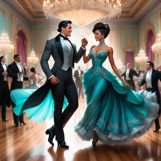 Prompt: In a lavish ballroom in the Victorian-era, elaborate chandeliers cast sparkling light onto a polished wooden floor, reflecting the joyous atmosphere. A handsome Latino man in a sharp grey tuxedo, his slick black hair glistening with elegance, twirls gracefully with a stunning black woman. She wears a silk turquoise Victorian bustle dress that billows gently around her as she moves, paired with dazzling silver heels that catch the light with every step. Their laughter fills the air, creating a palpable sense of joy and connection. Soft, warm tones of gold and cream envelop the scene, enhancing the romantic, celebratory mood. This enchanting moment, captured in enchanting, realistic detail, showcases their elegance and chemistry amidst the ornate decor of the ballroom.