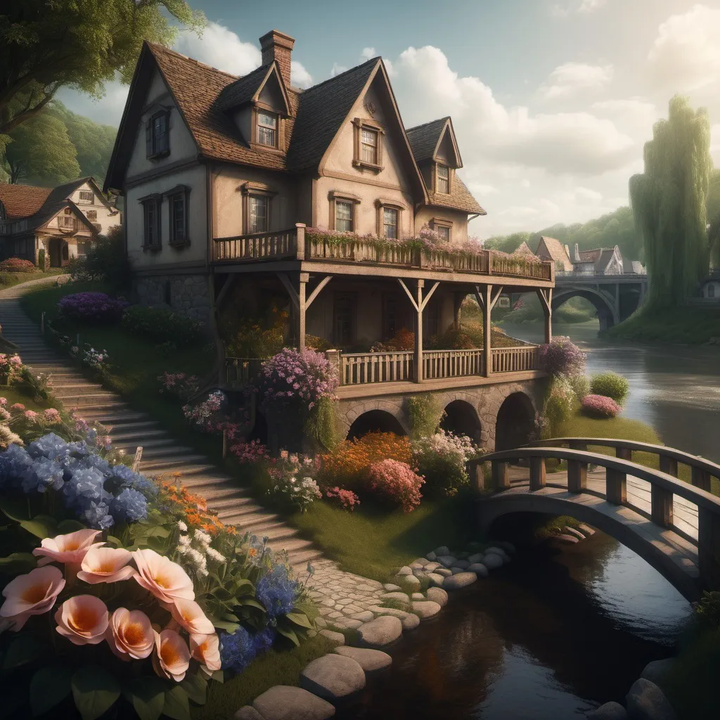 Prompt: House with a large porch, window flowers,  bridge and river, dramatic fantasy settlement scene, cinematic lighting