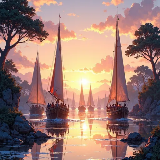 Prompt: The caravan of boats travels on the long wide river.