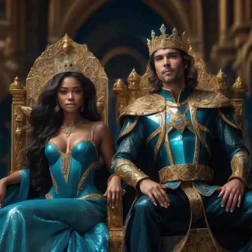 Prompt: Regal figures sit side by side on intricately designed thrones that shimmer with golden accents, enveloped by a grand, ornate hall. The woman on the left, adorned in a flowing turquoise gown, showcases a sparkling crown and intricate jewelry, her confident gaze hinting at strength and grace. Beside her, the man, embodying a noble warrior in elaborate armor, wears a royal cape and a golden crown, exuding authority and bravery. The rich, warm tones of the scene, accented by the opulence of the surroundings, create a majestic atmosphere that captures the essence of a powerful alliance in a fantastical realm, blending elegance with the thrilling undertones of royalty and leadership.