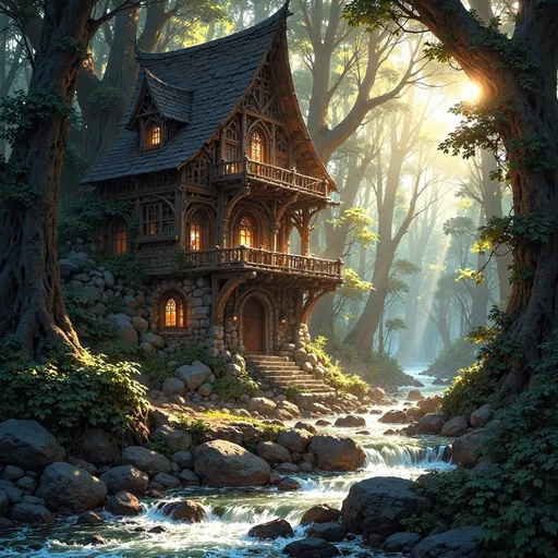Prompt: Envision a dwelling that emerges gracefully from the heart of an ancient forest, a masterful fusion of sturdy, dark-hewn timber and rugged, unmortared stone, nestled into a natural hollow. Alongside the swelling is a swift, crystal-clear river, its waters shimmering like polished glass as they race over smooth stones, creating the gentle sound of rushing water. Sunlight filters softly through the dense canopy above, casting ethereal patterns on the forest floor, while shafts of golden light illuminate the dwelling’s textured surfaces, enhancing the rich browns and deep grays of the wood and stone. Moss and creeping vines entwine around the structure, as if nature itself is embracing this serene sanctuary. The air is thick with the scent of damp earth and the distant sounds of rustling leaves create a gentle symphony. Consider framing this enchanting scene with cinematic lighting to evoke a sense of tranquility and hidden magic.