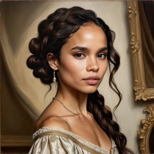 Prompt: Regency era portrait of Zoe Kravitz, as a beautiful elegant woman with brown wavy hair trailing over the shoulder, oil painting, upper class Regency period clothing, simple, subtle colors, soft and diffused lighting, high quality, detailed brushwork, elegant and refined, classic beauty, historical art, Baroque style, aristocratic charm, Michael Dahl