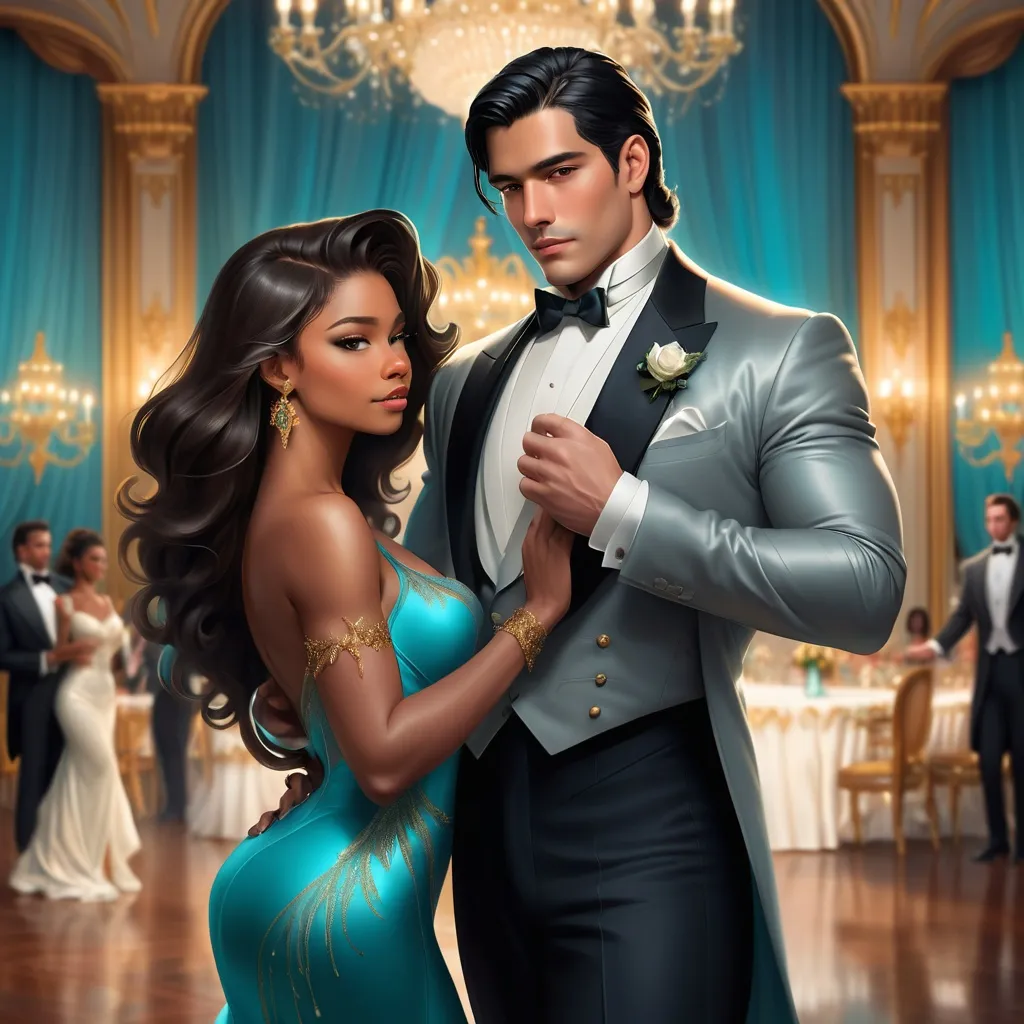 Prompt: A handsome Latino man in a grey tuxedo with slick black hair dancing with a beautiful black woman with long brown hair,  turquoise dress and silver heels in a Victorian style ballroom happily realistic 
