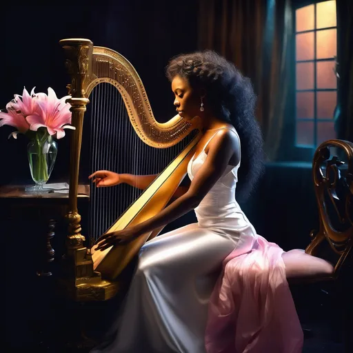 Prompt: In a very dark room a young, beautiful black woman wearing a white satin dress with thin straps and long curly hair craft into an elegant hairstyle sitting on a chair playing the harp. Next to her on a round table, there is a crystal vase with a bouquet of pink lilies. The dim gold light from a window softly illuminates her casting a moody atmosphere. Dust particles float in the air and the rainbow lights dancing on the walls from sunlight reflecting from the crystal vase adding to the ethereal ambiance