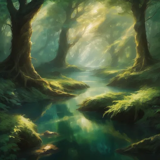 Prompt: Envision an ancient forest, shrouded in a mystical, ethereal haze, where towering trees with gnarled roots twist and weave, their leaves a kaleidoscope of greens punctuated by golden sunlight filtering through the canopy. Alongside this primeval woodland flows a swift, crystal-clear river, its waters shimmering like polished glass as they race over smooth stones, creating the gentle sound of rushing water. The air is rich with the scent of damp earth and the sweet perfume of wildflowers, while soft rays of sunlight dance playfully on the surface of the river. A sense of tranquility pervades the scene, inviting a moment of serenity in nature. This picturesque setting would be beautifully rendered in a cinematic lighting style, emphasizing the contrast between the deep shadows of the forest and the bright glimmer of the water.