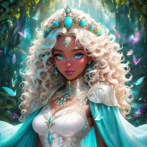 Prompt: (beautiful young woman), vibrant fantasy style, dark chocolate skin, luxurious white curly/coily hair, striking turquoise eyes, a tiara, magical atmosphere, enchanting light, whimsical background filled with fantastical elements, lush colors, dreamy vibe, high depth, ultra-detailed, captivating and imaginative composition.