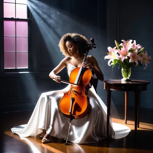 Prompt: In a very dark room a young, beautiful black woman wearing a white satin dress with thin straps and long curly hair craft into an elegant hairstyle sitting on a chair playing the cello. Next to her on a round table, there is a crystal vase with a bouquet of pink lilies. The dim gold light from a window softly illuminates her casting a moody atmosphere. Dust particles float in the air and the rainbow lights dancing on the walls from sunlight reflecting from the crystal vase adding to the ethereal ambiance