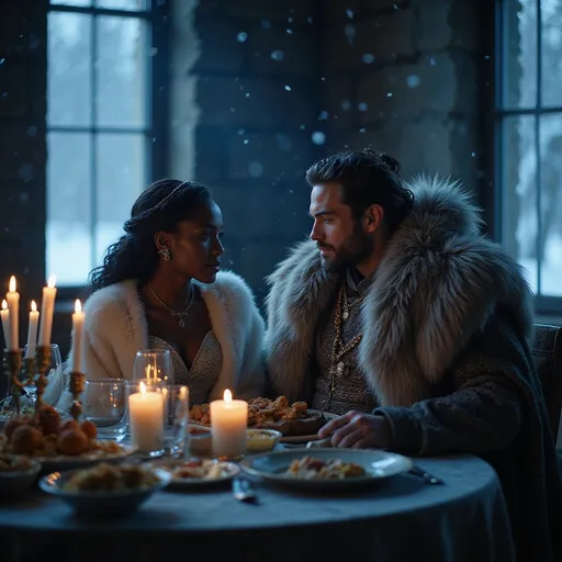 Prompt: In a majestic, dimly-lit chamber adorned with rich, deep blues and silvers, a Great Northern King clad in intricate furs sits at an elegantly set table, his regal stature softened by the flickering light of dozens of candles illuminating the space. His expression is one of deep admiration as he gazes at his beautiful black Queen, who wears a flowing gown, shimmering with delicate silver embroidery that captures the warm, golden light, underneath white furs. The atmosphere is intimate, almost ethereal, as soft snow falls outside the frosted windowpanes, casting intricate patterns of light and shadow across the stone walls. The aroma of spiced dishes lingers in the air while the soft crackle of the fire fills the silence, suggesting a deep connection between the two as they share tender smiles and soft whispers. This scene calls for a romantic, cinematic lighting style, evoking a sense of warmth amid the cold northern landscape.
