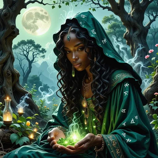 Prompt: In a mystical twilight setting, a beautiful black witch, draped in flowing emerald robes adorned with intricate silver runes that complements her radiant deep brown skin, gracefully tends to her enchanting witch garden. The air is thick with the scent of herbs and blooming nocturnal flowers, their petals shimmering under the soft glow of a crescent moon. Wisps of ethereal mist curl around her as she gently gathers glistening herbs and luminous crystals, their colors vibrant against the deep indigo sky. Her expressive face, framed by cascading, dark curls, displays a serene yet determined aura, hinting at the power she wields. In the background, ancient trees bend slightly, as though paying homage to her presence. The atmosphere is imbued with a sense of magic and quiet reverence, rendered in cinematic lighting and rich, vibrant colors that capture the enchanting essence of her world.
