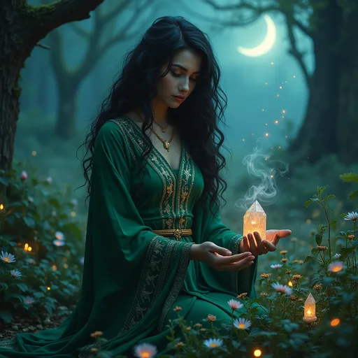 Prompt: A beautiful black witch is harvesting her witch garden.