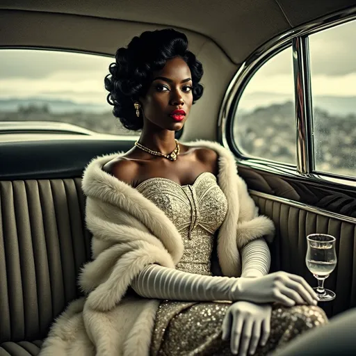 Prompt: Seated elegantly in the plush interior of a vintage car, a stunning black woman captivates with her striking beauty and poised demeanor. Her rich, dark curls frame her face, accentuating her dramatic red lips and captivating gaze, while she dons a luxurious strapless gown adorned with shimmering details and a white fur shawl. In her hand rests a delicate glass, hinting at a moment of leisure amid a timeless journey. The backdrop reveals a sweeping vista through the car window, where a muted landscape blends with brooding skies, evoking a sense of nostalgia and sophistication. The soft lighting enhances the glamorous atmosphere, blending seamlessly with the luxurious style of mid-20th-century elegance.