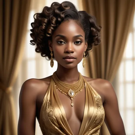 Prompt: Rich golden fabric drapes elegantly around the shoulders of a striking black woman, highlighting her graceful neckline. Her skin glows with a radiant warmth, providing a beautiful contrast to the intricate patterns of her textured gown. Cascading curls frame her face, enhancing her confident yet serene expression, while delicate gold jewelry glints softly against her complexion, drawing attention to her delicate features. The background, a muted earthy tone, emphasizes her presence and contributes to a feeling of timeless elegance and beauty. This image captures a moment of poise and grace, as if telling a story of cultural heritage and strength.