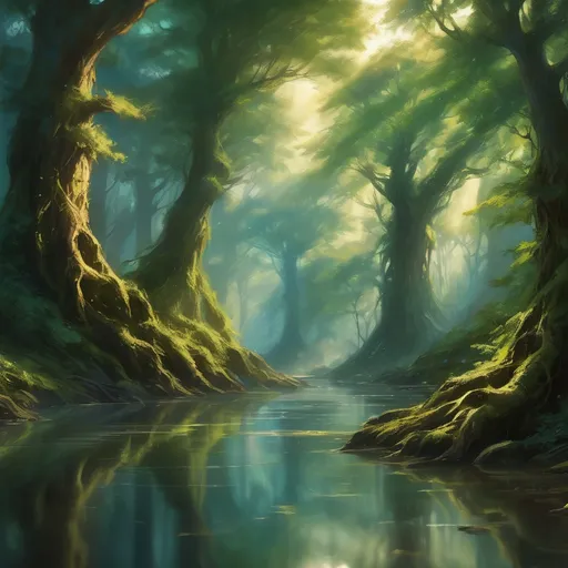Prompt: Envision an ancient forest, shrouded in a mystical, ethereal haze, where towering trees with gnarled roots twist and weave, their leaves a kaleidoscope of greens punctuated by golden sunlight filtering through the canopy. Alongside this primeval woodland flows a swift, crystal-clear river, its waters shimmering like polished glass as they race over smooth stones, creating the gentle sound of rushing water. The air is rich with the scent of damp earth and the sweet perfume of wildflowers, while soft rays of sunlight dance playfully on the surface of the river. A sense of tranquility pervades the scene, inviting a moment of serenity in nature. This picturesque setting would be beautifully rendered in a cinematic lighting style, emphasizing the contrast between the deep shadows of the forest and the bright glimmer of the water.