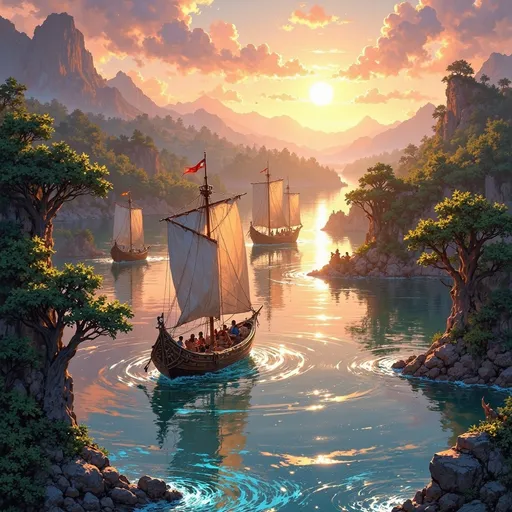 Prompt: A sprawling, tranquil river glimmers under the soft embrace of a golden sunset, casting a warm glow over a caravan of elegantly crafted boats drifting on its surface. Silhouettes of lush greenery line the banks, swaying gently in the evening breeze, while the sky awakens with streaks of pastel pink and orange. Each boat, adorned with colorful sails fluttering like whimsical flags, carries a sense of adventure and camaraderie among its crew—faces filled with hope, laughter, and shared stories. Wisps of mist rise from the water, creating an ethereal touch as the sound of gentle ripples whispers secrets of the river. The scene radiates a serene atmosphere, evoking a feeling of peaceful journeying into the horizon. Suggested style: dreamy watercolor illustration.