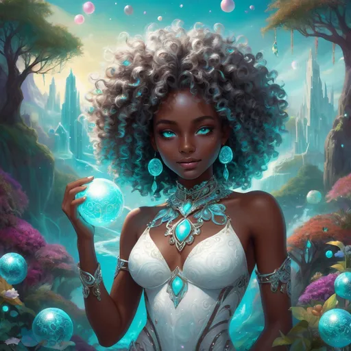 Prompt: (beautiful young black woman), vibrant fantasy style, dark chocolate skin, luxurious white curly/coily hair, striking turquoise eyes, full body, magical atmosphere, enchanting light, whimsical background filled with fantastical elements, lush colors, dreamy vibe, high depth, ultra-detailed, captivating and imaginative composition.