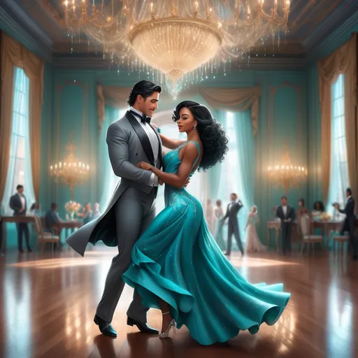 Prompt: In a lavish Victorian-style ballroom, elaborate chandeliers cast sparkling light onto a polished wooden floor, reflecting the joyous atmosphere. A handsome Latino man in a sharp grey tuxedo, his slick black hair glistening with elegance, twirls gracefully with a stunning black woman. She wears a flowing turquoise dress that billows gently around her as she moves, paired with dazzling silver heels that catch the light with every step. Their laughter fills the air, creating a palpable sense of joy and connection. Soft, warm tones of gold and cream envelop the scene, enhancing the romantic, celebratory mood. This enchanting moment, captured in enchanting, realistic detail, showcases their elegance and chemistry amidst the ornate decor of the ballroom.