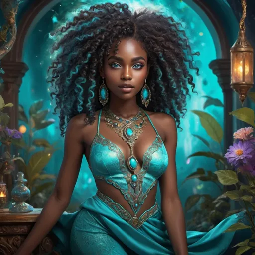 Prompt: (beautiful young black woman), full body,  vibrant fantasy style, dark chocolate skin, luxurious white curly/coily hair, striking turquoise eyes, magical atmosphere, enchanting light, whimsical background filled with fantastical elements, lush colors, dreamy vibe, high depth, ultra-detailed, captivating and imaginative composition.